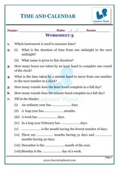 time and calendar worksheet with answers for students to use in the school's classroom