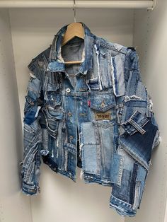 Upcycling Denim Jacket, Upcycled Jean Jacket, Diy Upcycle Clothes, Denim Diy Upcycling, Denim Upcycle Clothing, Jacket Upcycle, Denim Jacket Diy Paint, Upcycled Denim Diy, Reworked Denim Jacket