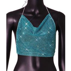 Blue rhinestone see through backless top. Summer Party Backless Tops, Backless Summer Party Tops, Backless Tops For Summer Party, Fitted Rhinestone Tops For Summer, Fitted Tops With Rhinestones For Summer, Chic Fitted Blouse With Rhinestones, Trendy Backless Tank Top For Parties, Summer Backless Top For Night Out, Chic Rhinestone Party Blouse