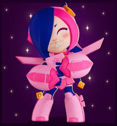 a cartoon character with pink hair and blue eyes, wearing a pink outfit while standing in front of stars