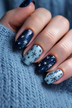 Navy Nails With Silver, Nails With Silver Stars, Blue Christmas Nail Ideas, Nails With Silver, Winter Skies, Blue Christmas Nails, Snowflake Nail, Christmas Nail Ideas, Navy Nails