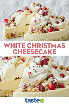 white christmas cheesecake with crumbled toppings and text overlay that reads, white christmas cheesecake