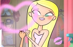 a cartoon girl with blonde hair and green eyes holding a pink object in her hand