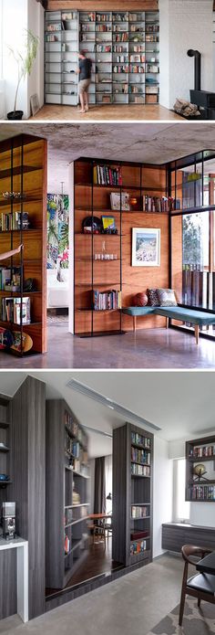 two different views of a living room with bookshelves