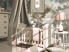 a baby's room with a crib, dresser and lamp