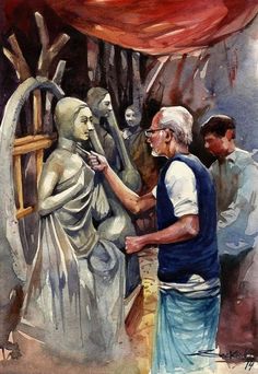 a painting of two men standing next to a statue that looks like an old man