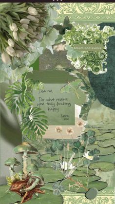 a collage of green and white flowers, plants, and leaves with words written on them