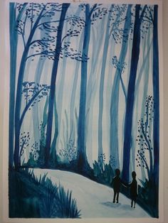 a painting of two people holding hands in the middle of a forest with blue trees