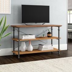 a flat screen tv sitting on top of a wooden shelf next to a potted plant