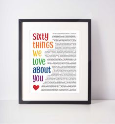 a framed book page with the words forty things we love about you