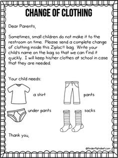 a printable poster with instructions to change clothes for children, including socks and pants