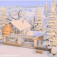 an artist's rendering of a house in the woods with snow on the ground