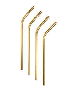 three gold colored metal straws on a white background