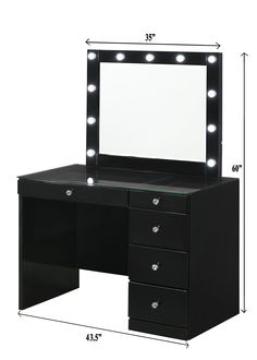 an image of a vanity with lights and mirror on the top shelf in front of it