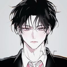 an anime character with black hair wearing a suit and red tie, looking at the camera