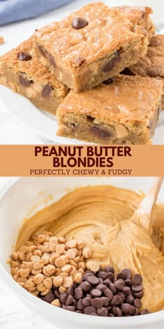 peanut butter blondies with chocolate chips in the middle and peanut butter on the bottom