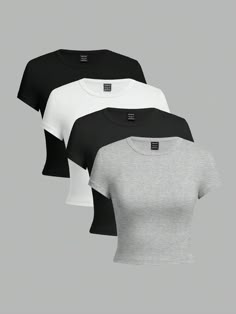 4pcs/Set Women Plus Size Casual Solid Color Black White Grey Round Neck Short Sleeve T-Shirts, Basics Tees For Summer Multicolor Casual  Short Sleeve Knitted Fabric Colorblock,Plain  Slight Stretch  Women Plus Clothing, size features are:Bust: ,Length: ,Sleeve Length: Tight Shirts For Women, Unrealistic Wishlist, Shein Basics, Bff Matching, Cute Summer Tops, Black Shirts Women, Cute Dress Outfits, Cute Pants, Easy Trendy Outfits