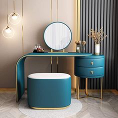 a dressing table with a mirror, stool and vase on the floor next to it