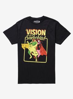 Bring the vintage vibes to your superhero wardrobe with this Marvel tee inspired by the upcoming series  WandaVision ! Vision and Scarlet Witch appear as they do in vintage comic books  in an action-packed pose  on the front of this black tee. A BoxLunch Exclusive! Scarlet Witch Merch, Marvel Graphic Tees, Vision And Scarlet Witch, 21st Inspiration, Marvel Outfits, Marvel Merch, Marvel Vision, Clothing Png, Witch Vintage