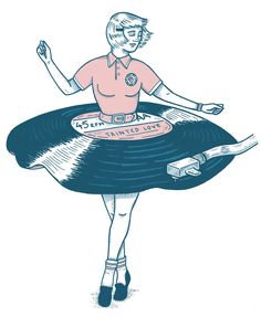 a drawing of a woman holding a record in her hands and wearing a pink shirt