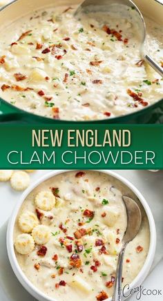 a bowl filled with clam chowder next to a spoon