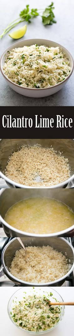 the process of making cilantro lime rice is shown in three different pans