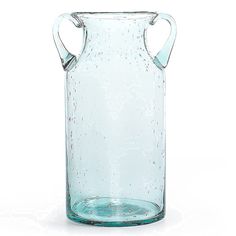 a clear glass vase with handles on the top and bottom, is shown in front of a white background