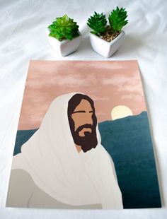 a painting of jesus with two potted plants in the background on a white sheet