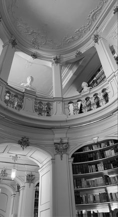 the interior of a library with many bookshelves and arches in black and white