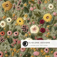 an image of flowers on a green background with the words sequina designs 1 seamless pattern