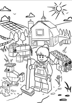 a black and white coloring page with a boy in front of a farm yard holding a shovel