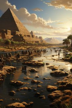 the egyptian pyramids are in the background as people cross a river near some rocks