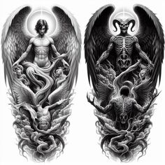 two black and white tattoos with an angel, demon and skull on them's arms