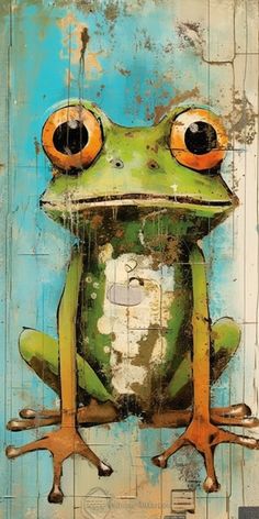 a painting of a frog with orange eyes