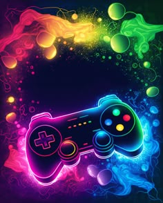 a neon video game controller in front of an abstract background with bubbles and circles around it