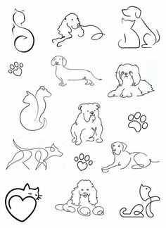 some dogs and cats are drawn in black ink on white paper with the words, i love