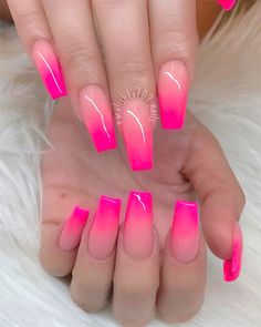 So cute coffin shaped Pink ombre nails for summer 2019 Nails Sparkle Ombre, Ombre Nail Art Designs Summer, Ombre Valentines Nails, Hot Pink Ombre Nails, Cute Ombre Nails, Coffin Ombre, Purple Ombre Nails, 2019 Nails, Ombre Acrylic