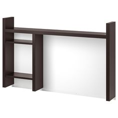 a white and brown wall mounted shelf with open shelving unit on the bottom side