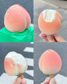 four different pictures of an orange and white lollipop with cream on it's top