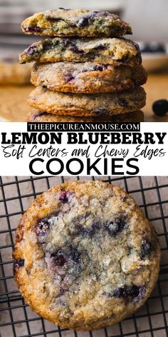 lemon blueberry cookies on a cooling rack with text overlay that reads, three different lemon blueberry soft and chewy cookies