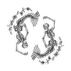 a drawing of two skeletons in the shape of a circle with flowers and leaves around them