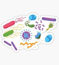 an assortment of different types of stickers on a white surface with blue and purple objects