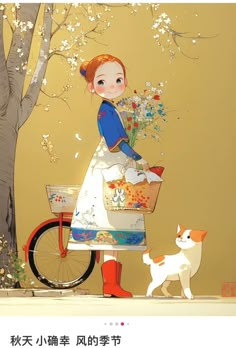 a painting of a girl riding a bike with a cat on the side and a dog standing next to her