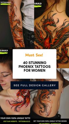 This Pinterest pin features 40 stunning phoenix tattoo designs for women. It showcases variations including arm tattoos, back tattoos, and unique designs, focusing on empowerment, transformation, and beautiful motifs. Phoenix Feather Tattoos, Phoenix Tattoos, Phoenix Feather, Beautiful Feathers, Phoenix Tattoo Design