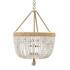 a chandelier hanging from the ceiling with beads and tassels on it