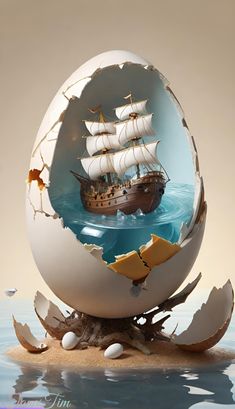 an egg shell with a ship in it on top of the ocean and broken eggshells