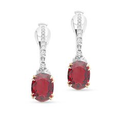 These oval-shaped red ruby drop earrings are the perfect gift for the July birthday girl. Crafted in 18K white and rose gold, each eye-catching design features a striking oval cut red ruby in a rose gold cat claw four-prong setting, topped by three round diamonds that hang from a sparkling post. Radiant with 5.58ct. t.w. these spectacular drops suspend from English lock backs.
2.51 carat oval cut natural vivid red ruby - GRS certificate
2.07 carat cushion cut natural vivid re Ruby Drop Earrings, Emerald Earrings Drop, July Birthday, Orange Sapphire, Ruby Earrings, Shiny Things, Diamond Drops, Pear Diamond, Diamond Drop Earrings