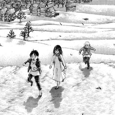 three children are walking in the snow with houses on the hill behind them and one child is holding her hand out