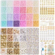 various types of beads and accessories for making beaded bracelets, necklaces and earrings