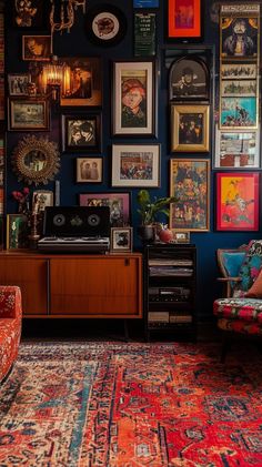 a living room filled with furniture and pictures on the wall next to a rug covered floor